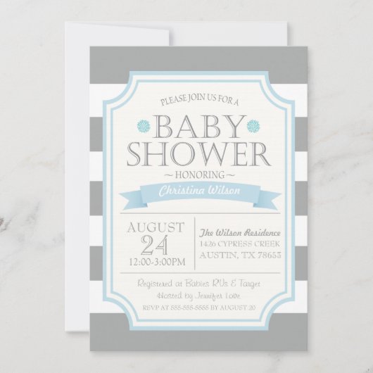 Uitnodiging voor grijs en blauw Baby shower (Voorkant)