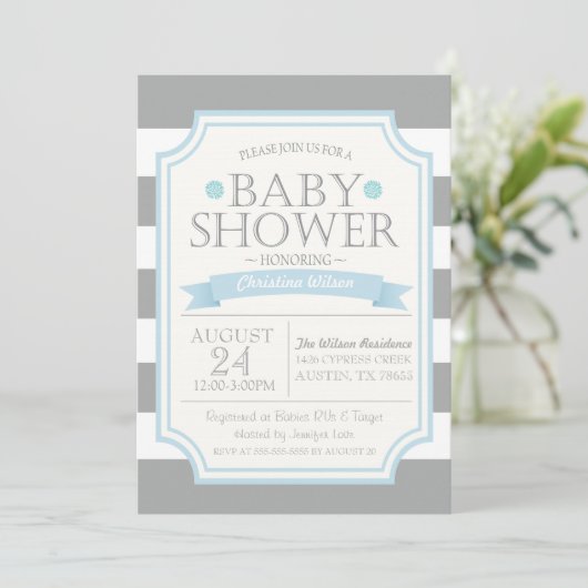 Uitnodiging voor grijs en blauw Baby shower (Staand voorkant)