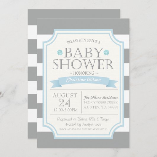 Uitnodiging voor grijs en blauw Baby shower (Voorkant / Achterkant)