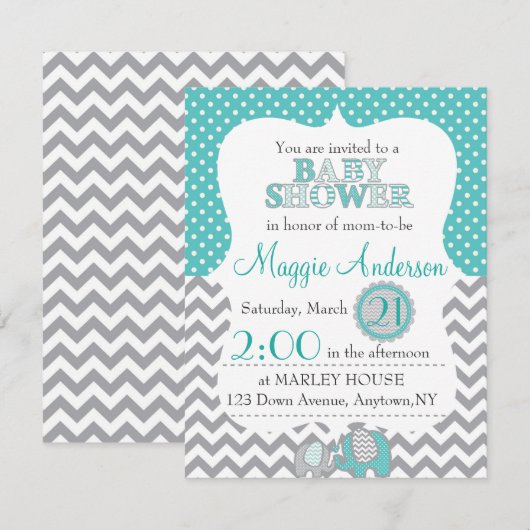 Uitnodiging voor grijs en Blauwgroen Baby shower (Voorkant / Achterkant)