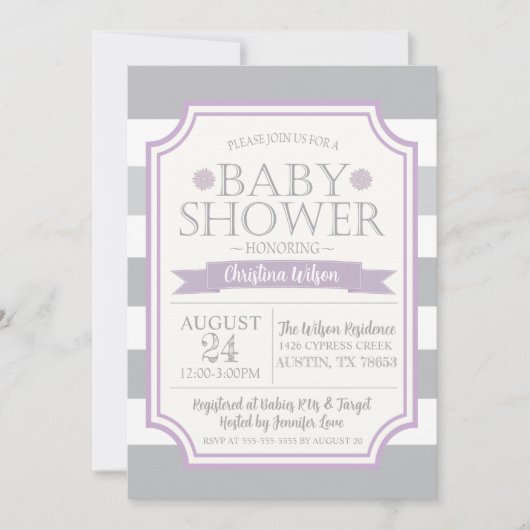 Uitnodiging voor grijs en Paars Baby shower (Voorkant)