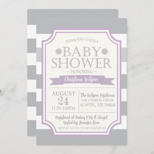 Uitnodiging voor grijs en Paars Baby shower (Voorkant / Achterkant)