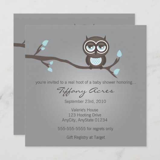 Uitnodiging voor grijze, blauwe en bruine uil (Voorkant / Achterkant)