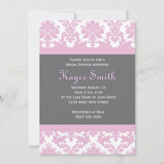 uitnodiging voor grijze en roze Damask (Voorkant)