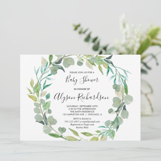 Uitnodiging voor groen baby shower, genderneutraal (Staand voorkant)