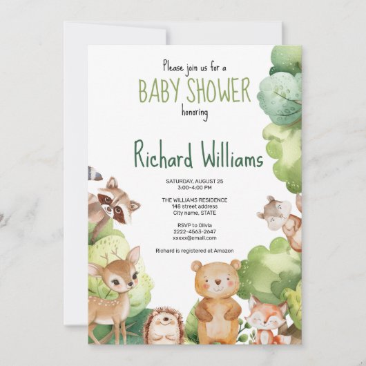Uitnodiging voor groen baby shower van bosdieren (Voorkant)