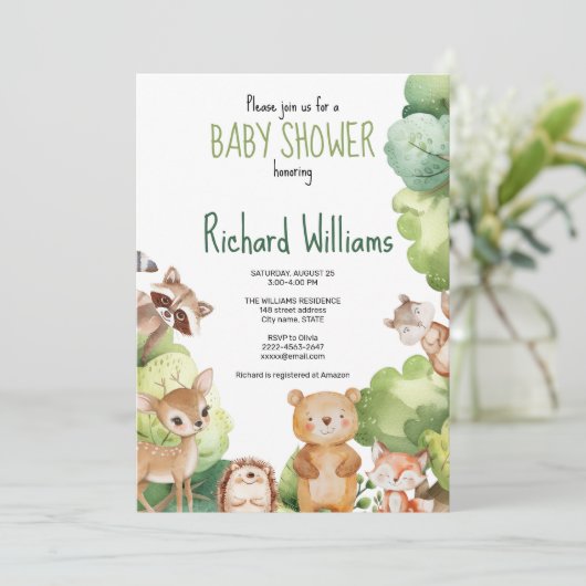 Uitnodiging voor groen baby shower van bosdieren (Staand voorkant)
