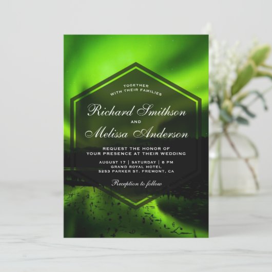 Uitnodiging voor groene Aurora Noordelijke Lichten (Staand voorkant)