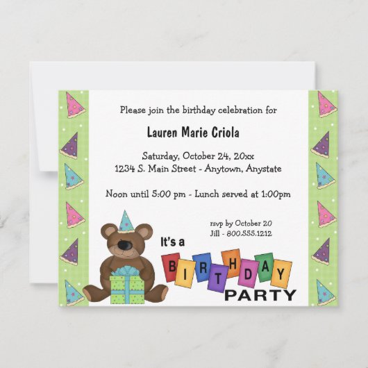 Uitnodiging voor Groene Birthday Cadeau Beer (Voorkant)