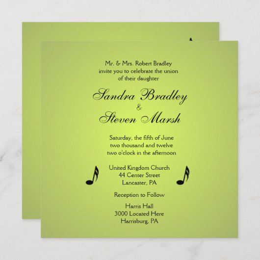 Uitnodiging voor groene bruiloft over muziekthema (Voorkant / Achterkant)