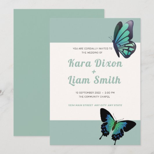 Uitnodiging voor groene Butterfly Wedding (Voorkant / Achterkant)