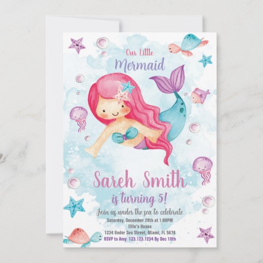 Uitnodiging voor groene cloud Mermaid Birthday (Voorkant)