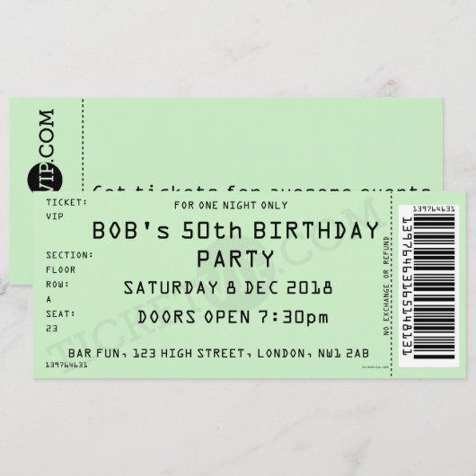 Uitnodiging voor groene concert Ticket Party (Voorkant / Achterkant)