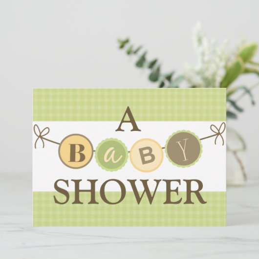 Uitnodiging voor groene en gele Baby showers (Staand voorkant)