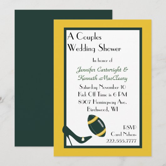 Uitnodiging voor groene en gele Footballs bruiloft (Voorkant / Achterkant)