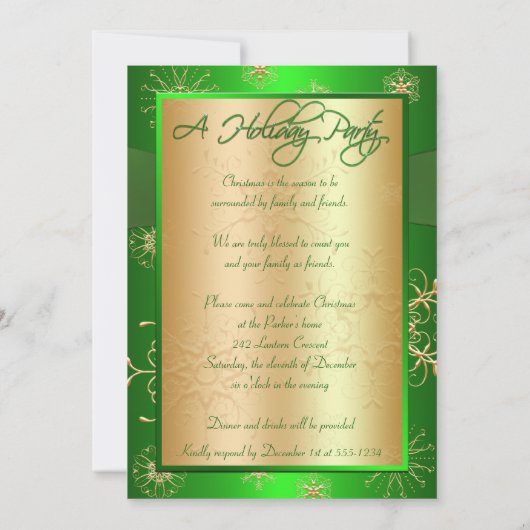 Uitnodiging voor groene en gouden kerst (Achterkant)