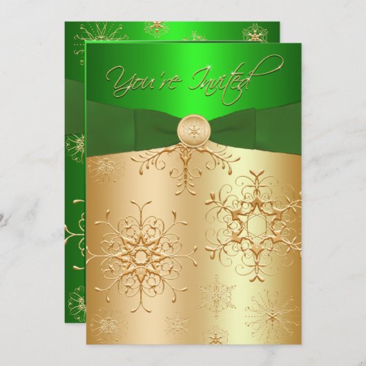 Uitnodiging voor groene en gouden kerst (Voorkant / Achterkant)