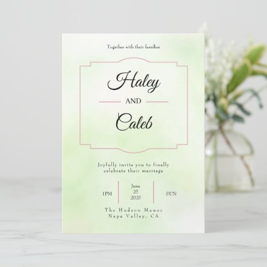  uitnodiging voor groene en roze bruiloft (Staand voorkant)