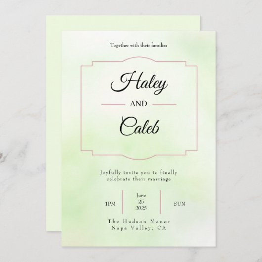  uitnodiging voor groene en roze bruiloft (Voorkant / Achterkant)
