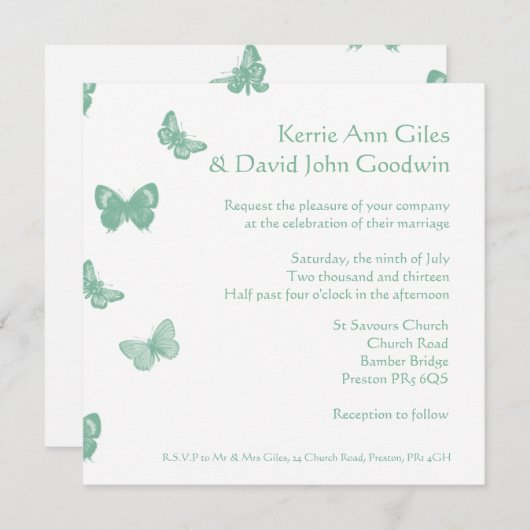 Uitnodiging voor groene en witte vlinder (Voorkant / Achterkant)