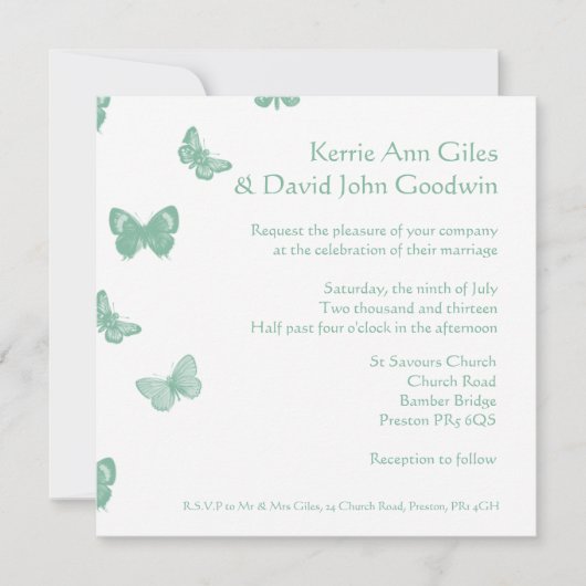 Uitnodiging voor groene en witte vlinder (Voorkant)