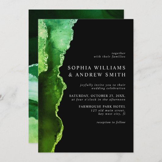 Uitnodiging voor groene en zwarte bruiloft (Voorkant / Achterkant)