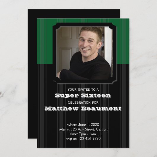 Uitnodiging voor groene en zwarte tripe Birthday P (Voorkant / Achterkant)