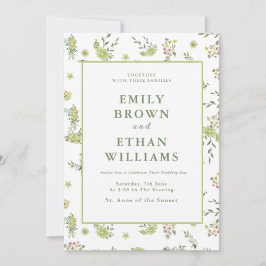 Uitnodiging voor groene Floral Wedding (Voorkant)
