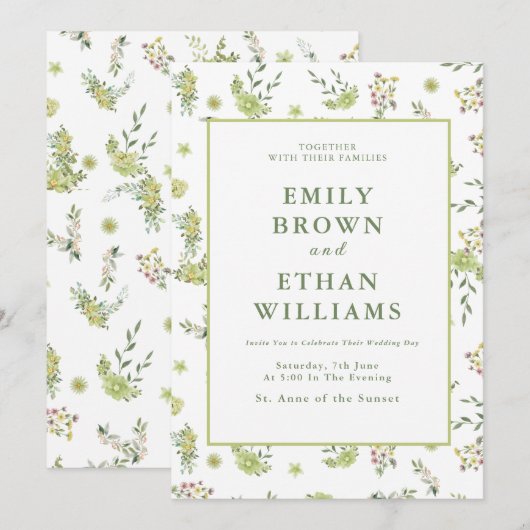 Uitnodiging voor groene Floral Wedding (Voorkant / Achterkant)