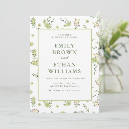 Uitnodiging voor groene Floral Wedding (Staand voorkant)