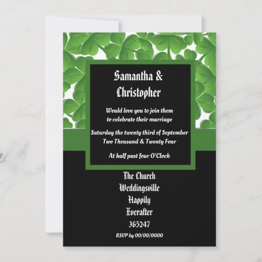 Uitnodiging voor groene Ierse sjamrock bruiloft (Voorkant)