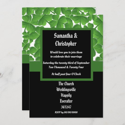Uitnodiging voor groene Ierse sjamrock bruiloft (Voorkant / Achterkant)