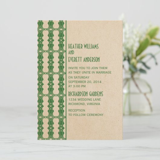 Uitnodiging voor groene kunst Deco Border Wedding (Staand voorkant)