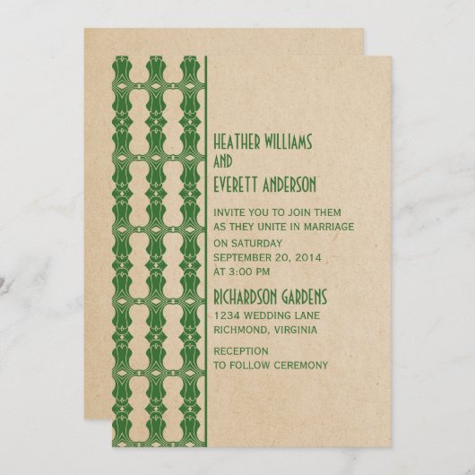 Uitnodiging voor groene kunst Deco Border Wedding (Voorkant / Achterkant)