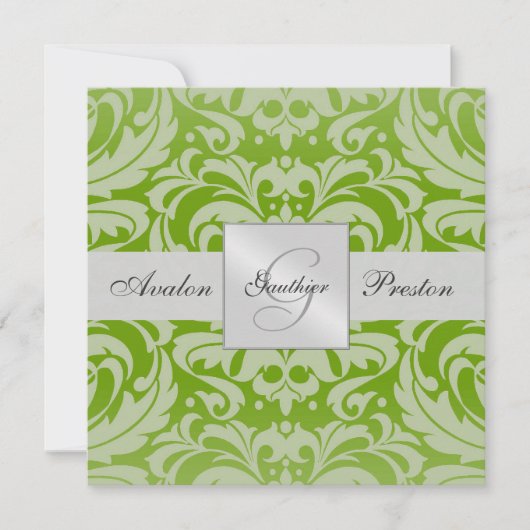 Uitnodiging voor groene monogram Damask Wedding (Voorkant)