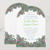 Uitnodiging voor groene Raspberry Blue Damask Wedd (Voorkant / Achterkant)