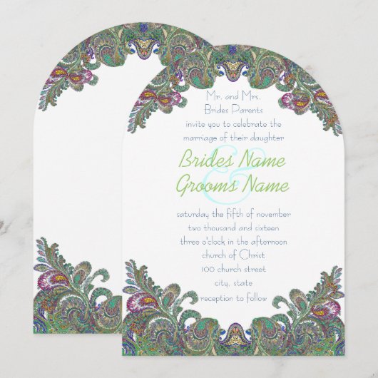 Uitnodiging voor groene Raspberry Blue Damask Wedd (Voorkant / Achterkant)