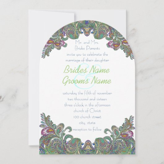 Uitnodiging voor groene Raspberry Blue Damask Wedd (Voorkant)