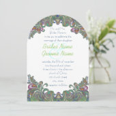 Uitnodiging voor groene Raspberry Blue Damask Wedd (Staand voorkant)