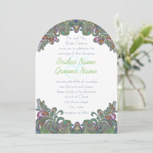 Uitnodiging voor groene Raspberry Blue Damask Wedd (Staand voorkant)