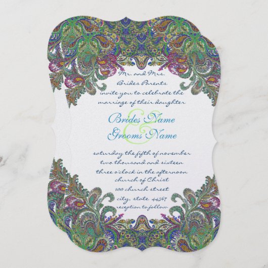 Uitnodiging voor groene Raspberry Blue Damask Wedd (Voorkant / Achterkant)