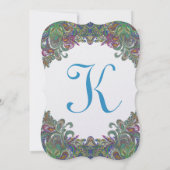 Uitnodiging voor groene Raspberry Blue Damask Wedd (Achterkant)