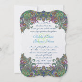 Uitnodiging voor groene Raspberry Blue Damask Wedd (Voorkant)