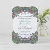 Uitnodiging voor groene Raspberry Blue Damask Wedd (Staand voorkant)