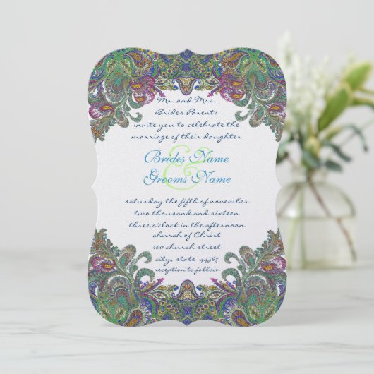 Uitnodiging voor groene Raspberry Blue Damask Wedd (Staand voorkant)