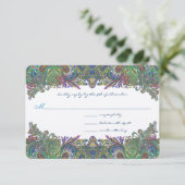 Uitnodiging voor groene Raspberry Blue Damask Wedd (Staand voorkant)