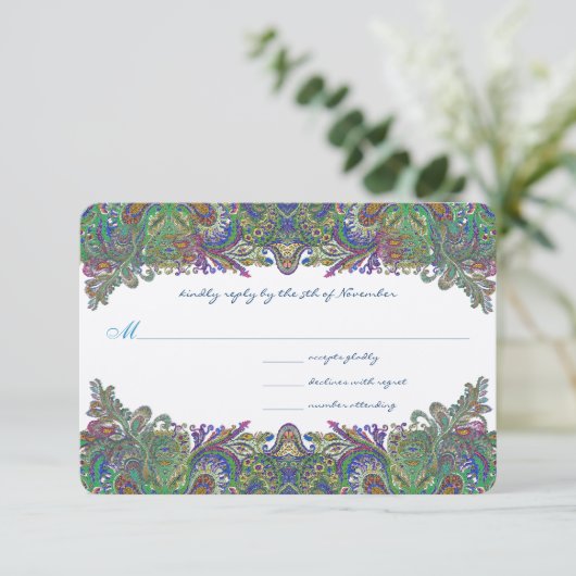 Uitnodiging voor groene Raspberry Blue Damask Wedd (Staand voorkant)