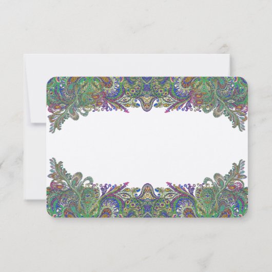 Uitnodiging voor groene Raspberry Blue Damask Wedd (Achterkant)