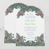 Uitnodiging voor groene Raspberry Blue Damask Wedd (Voorkant / Achterkant)