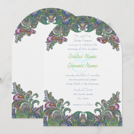 Uitnodiging voor groene Raspberry Blue Damask Wedd (Voorkant / Achterkant)